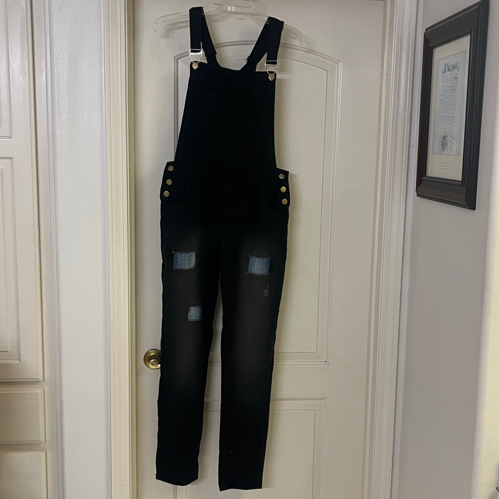 Black Denim Overalls with front and back pockets, gold buttons